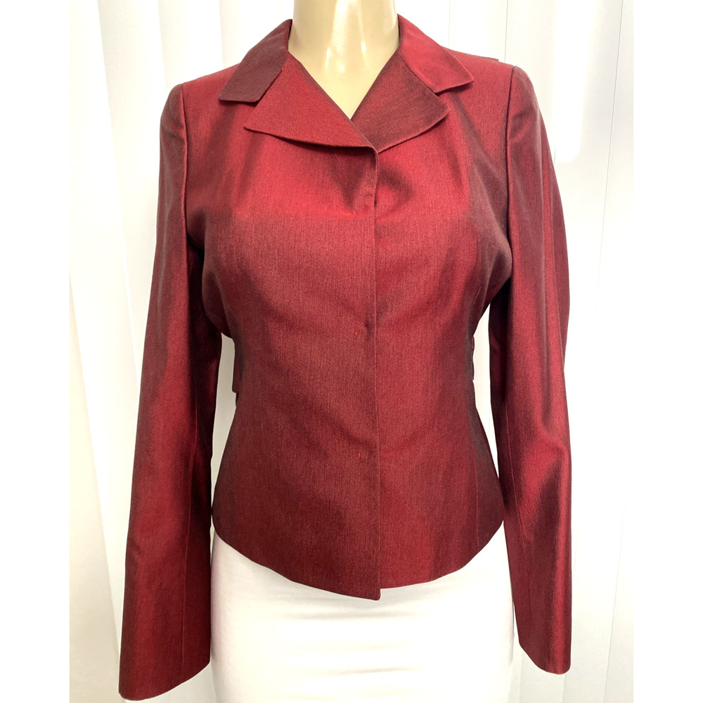 Akris Red 100% Silk Blazer Jacket Notch Lapel Collar Black Sheen V Neck 8 US M - Picture 3 of 11